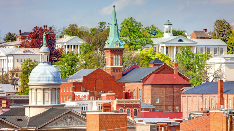 An aerial view of church steeples and rooftops in Staunton, Virginia, on a sunny day