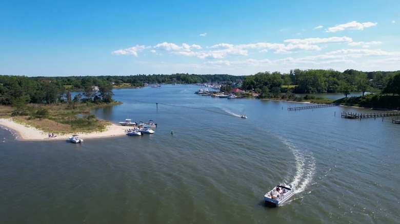 Boaters gather at the mouth of Urbanna Creek in Virginia