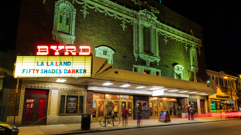 The Byrd historic theater lit up at night