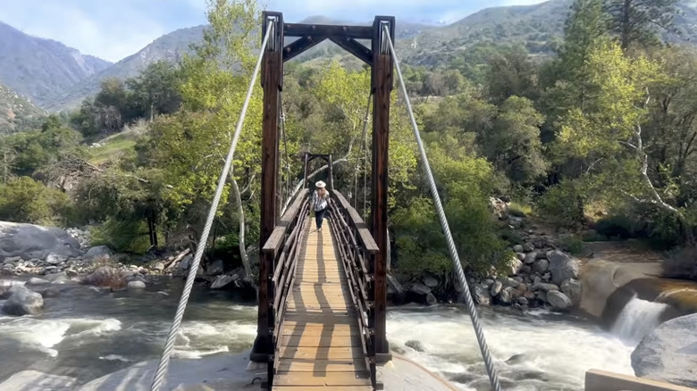 Woman crossing suspension bridge over rapids in forested, mountainous landscape of Sequoia National Park