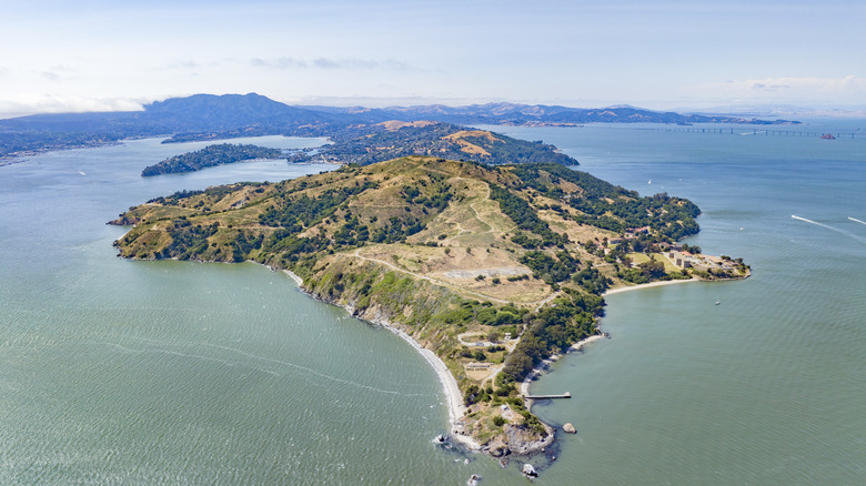 Aerial view of Angel Island State Park with San Francisco Bay all around.