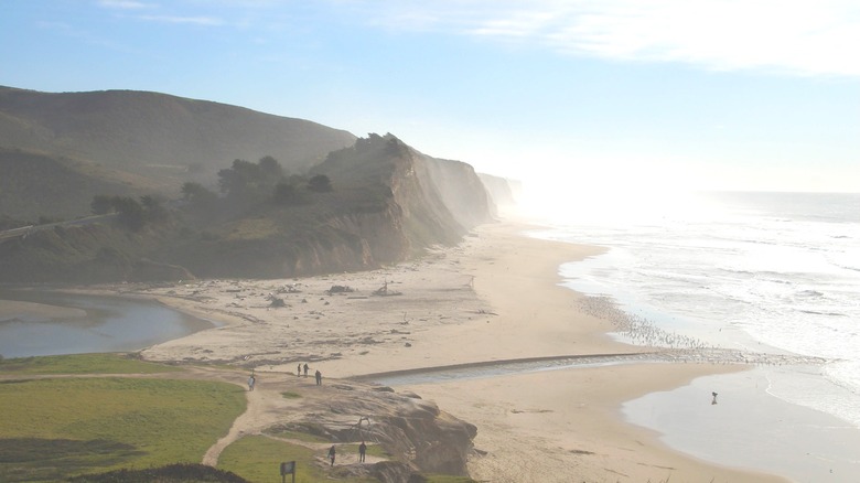 A sandy beach and coastal bluffs at Half Moon Bay State Beach on the Pacific Ocean.