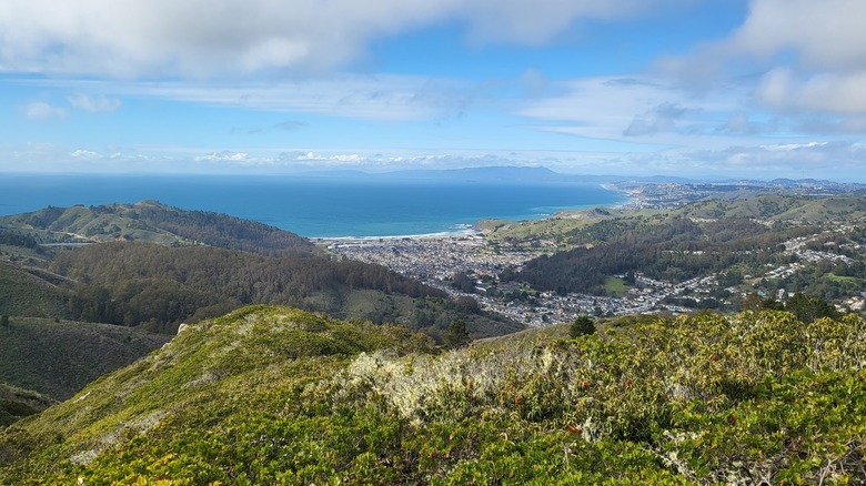 Hilltop view of rolling green hills looking down at a small city on the Pacific coast from San Pedro Valley Park.