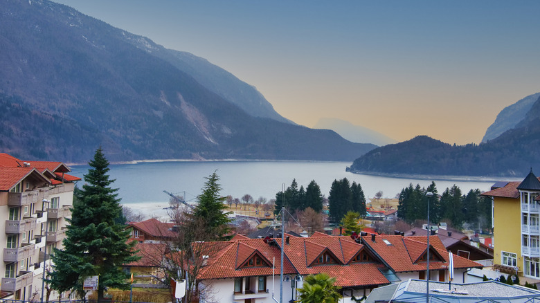 An aerial view of Lake Molveno in Italy