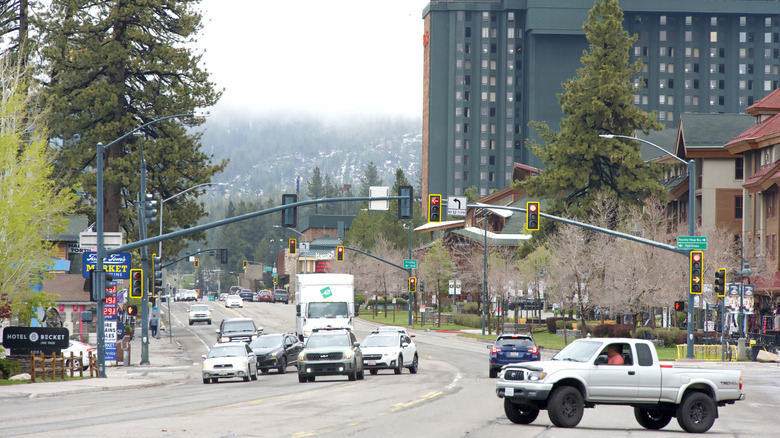 A motorway buzzes with traffic in South Lake Tahoe, California