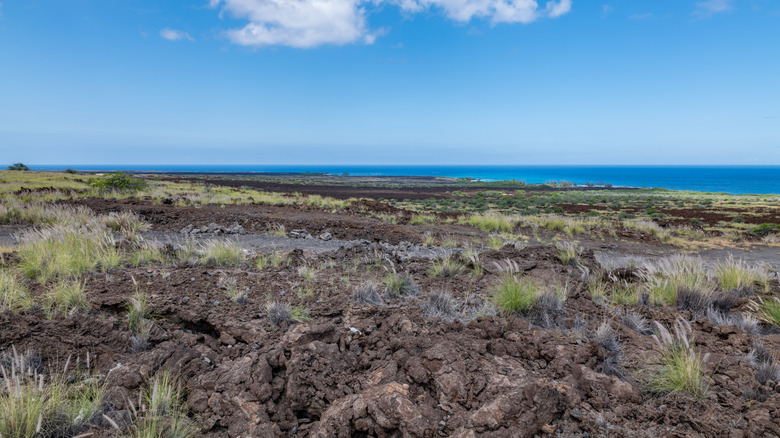 The dark rocky landscape of the terrain on the way to Makalawena beach shines in the sunlight