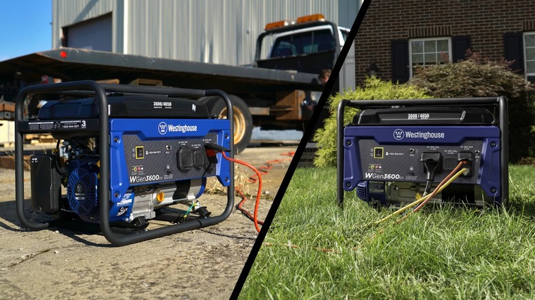 Side-by-side image of Westinghouse generators, with one in front of a flatbed truck and the other on grass in front of a brick house