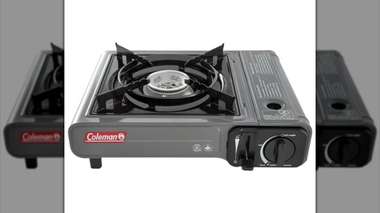Gray Coleman Tabletop Portable Butane Gas 1-Burner Camping Stove on white background