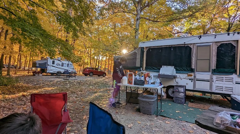 an RV camped in a forest with a picnic table on the side