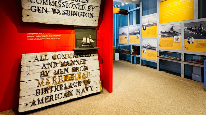 blue and red walls of museum displays