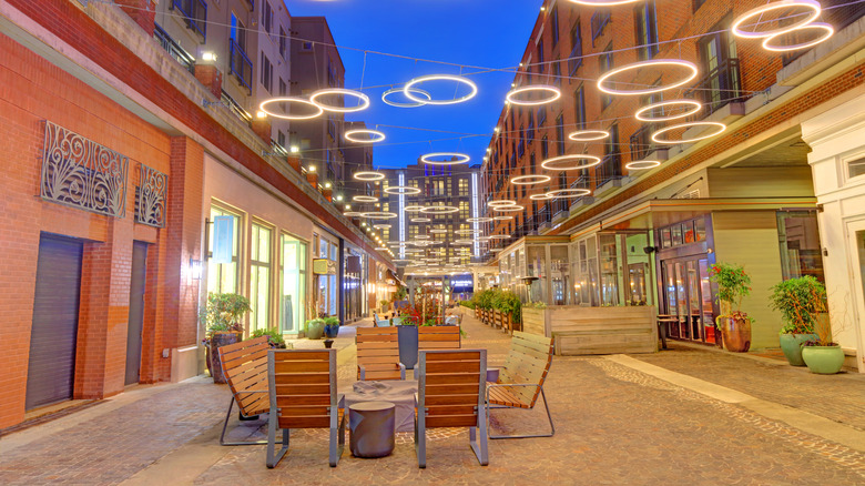 Patio seating in downtown Bethesda, Maryland at night.