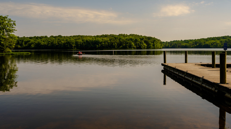 Burke Lake in Fairfax Station, Virginia during the day with people in a canoe in the background.