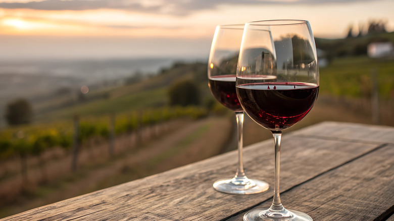 Two glasses of red wine on an outdoor table with vineyards in the background at sunset