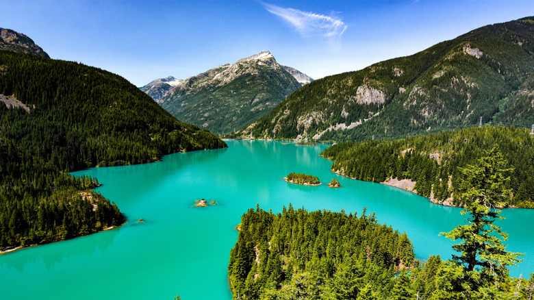 The brillaint blue-green waters of Ross Lake in Washignton's North Cascades from above