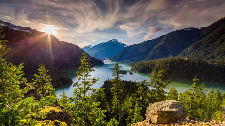 A beautiful mountain lake in Washington state at sunset