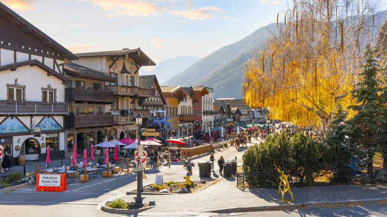 Colorful shops, stores, restaurants, and cafes in the Bavarian themed village, Leavenworth, Washington, during autumn