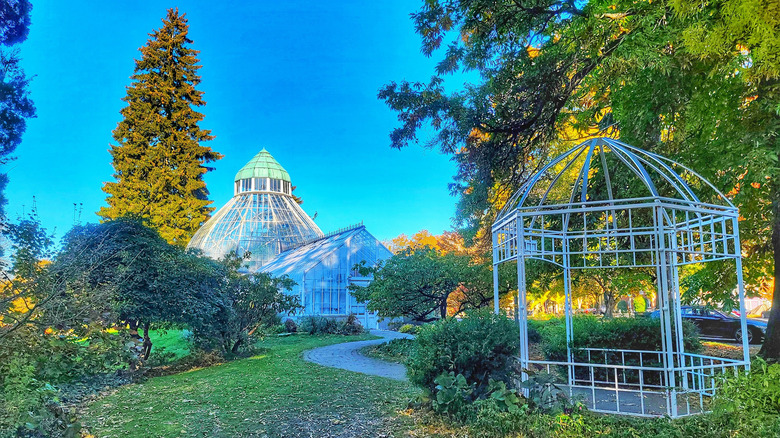 View of W.W. Seymour Conservatory surrounded by trees and greenery, with a white gazebo in the foreground