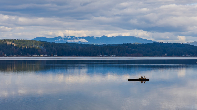 View of the water with mountains in the background at Twanoh State Park