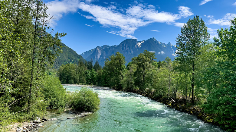 The Skykomish River in Washington surrounded by mountains