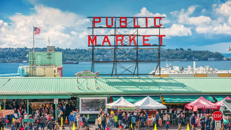 A view of Pike Place Market and the water beyond in Seattle, Washington