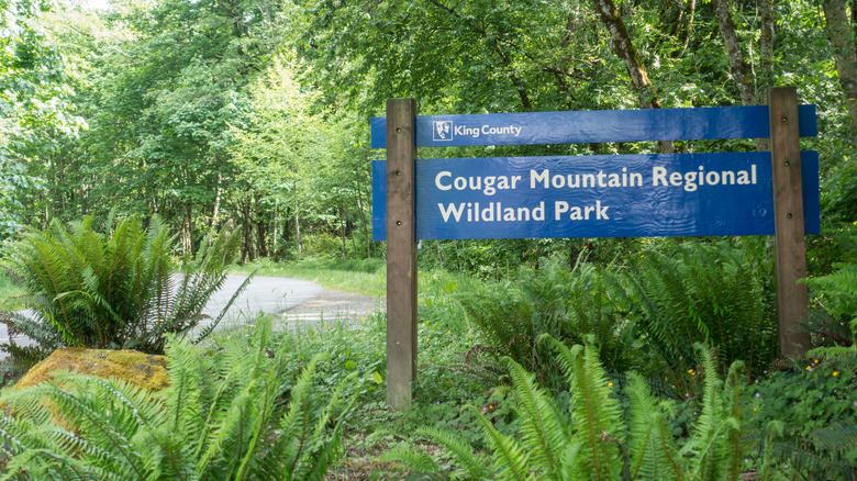 Cougar Mountain Regional Wildland Park sign surrounded by lush foliage