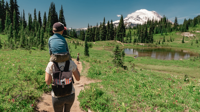 Mother hiking with child in Naches, Washington