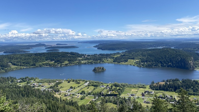 panoramic view of fidalgo island's lake campbell and puget sound lowlands covered in green pine trees, surrounded by blue waters