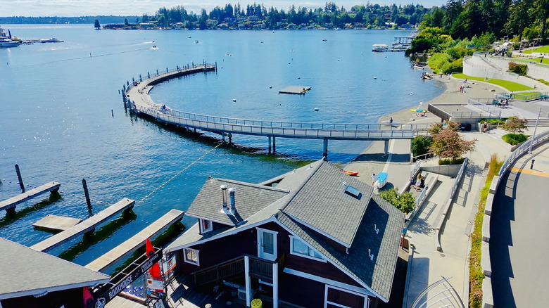 Aerial view of the curved pedestrian pier at Meydenbauer Bay Park, Bellevue, Washington