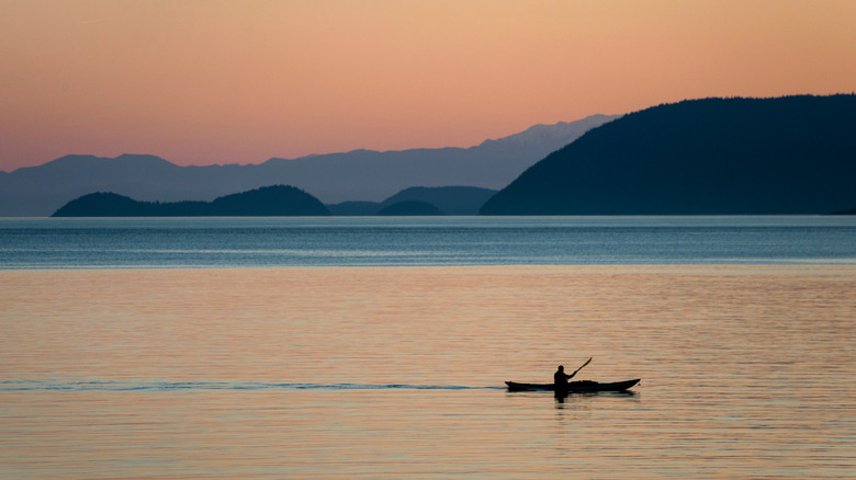A kayaker paddling around San Juan Islands during sunset