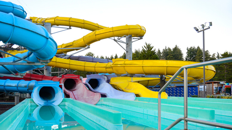 Blue and yellow water slides at Wild Waves Theme and Water Park in Federal Way, Washington