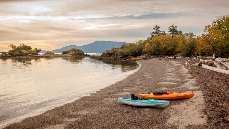 Kayaks on the beach at Ewing Cove, Sucia Island Marine Park, Washington.