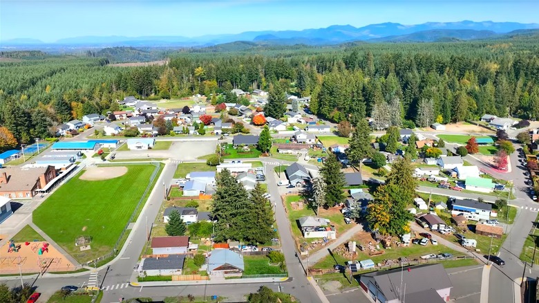 Aerial view over homes in Carbonado, Washington