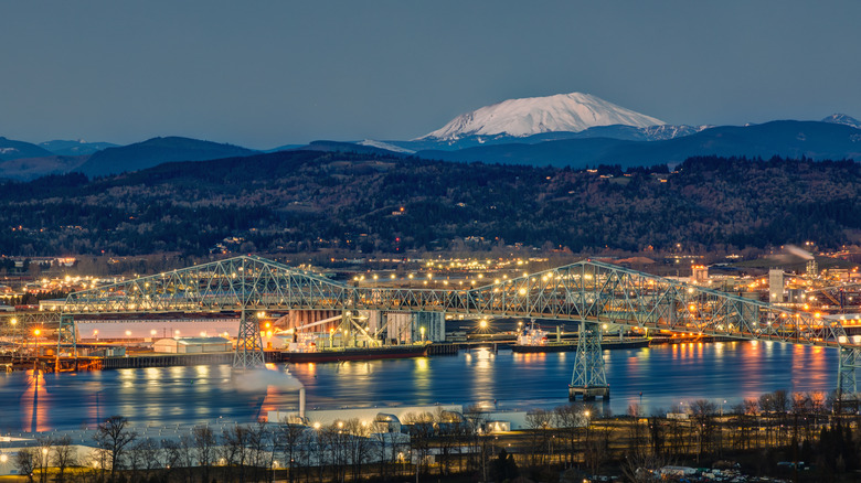 A shot of the Lewis and Clark Bridge connecting Rainier, Oregon with Kelso-Longview, Washington with Mt. St. Helens in the background