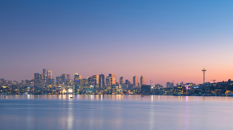 A view of downtown Seattle at just after sunset over Lake Union from Gas Works Park.