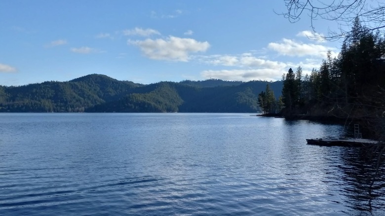 View of Deer Lake surrounded by evergreen covered hills