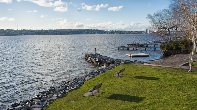 Docks and rocks jut out over a lake from the grassy Medina Beach Park on a sunny day.