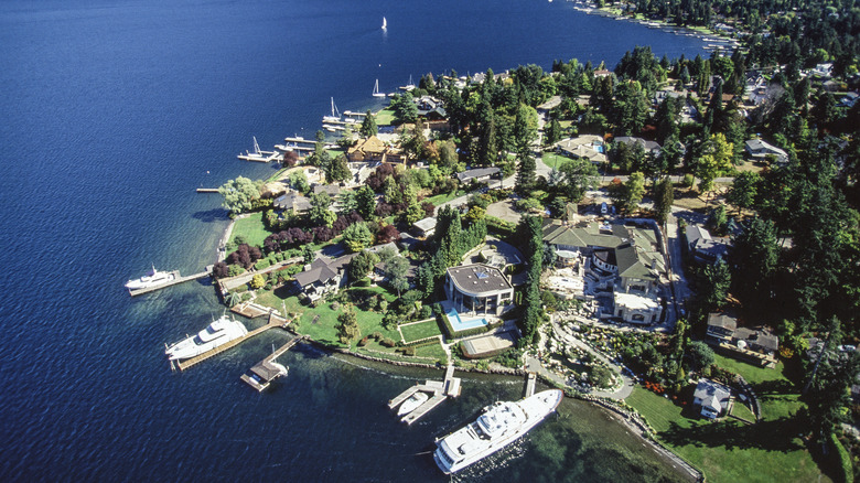 Aerial view of Mercer Island with mansions and yachts at private docks.