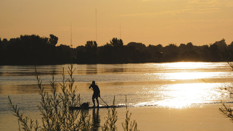 A person paddleboarding along the Columbia River