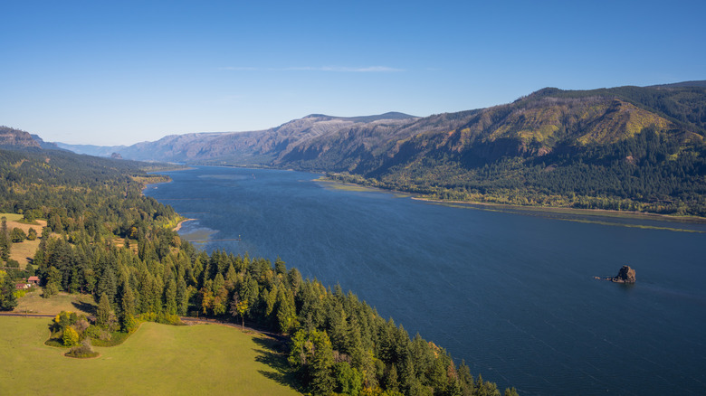 The Columbia River Gorge National Scenic Area, with water surrounded by trees and mountains