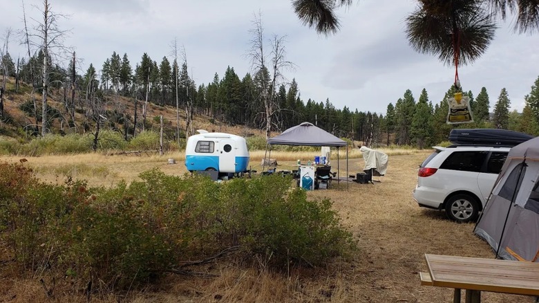 A camper, canopy, tent, and van surrounded by trees in Brooks Memorial State Park
