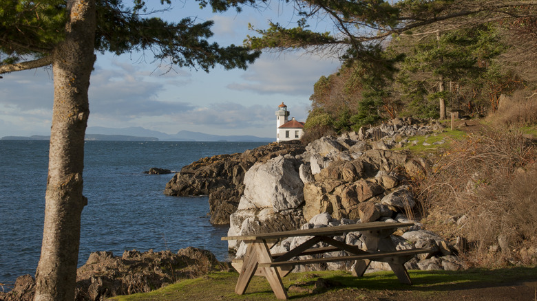 Lime Kiln State Park on San Juan Island, Washington, features an iconic lighthouse on the coast of the Salish Sea
