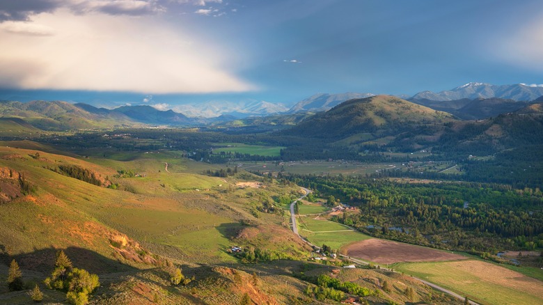 Aerial view of fields and mountains in Okanogan State