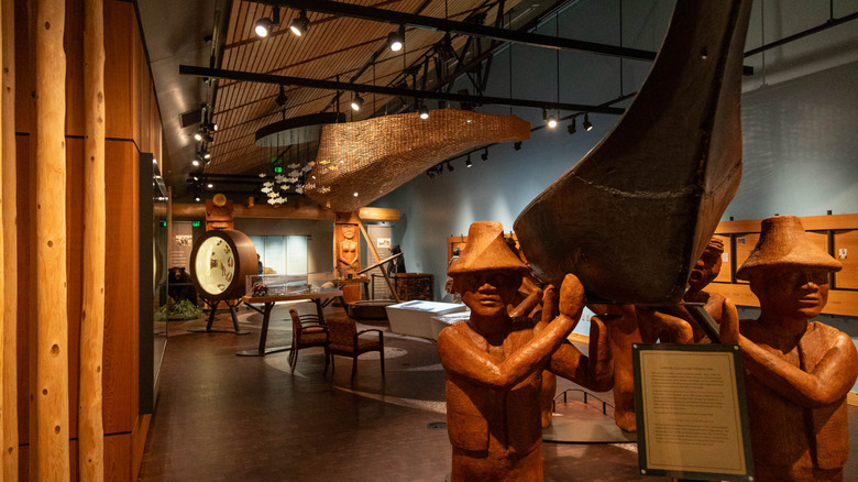 Wooden carvings inside Suquamish Museum