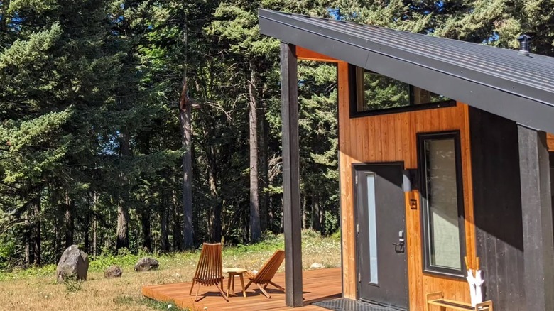 Two chairs on the patio by the cabin's front door