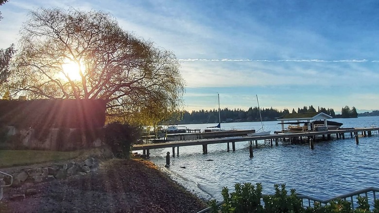 Sun setting on docks at Road End Beach