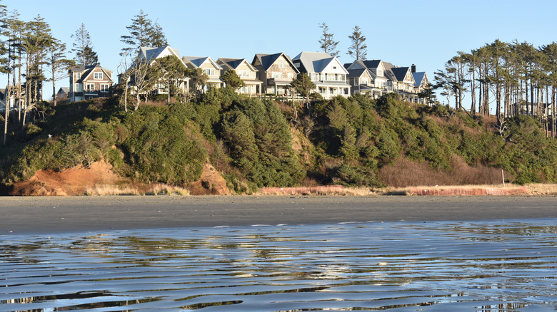 Beach houses line a cliff overlooking the beach in Seabrook, Washington.