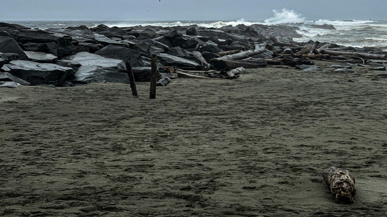 North Jetty Ocean Shores with crashing waves against gray rocks