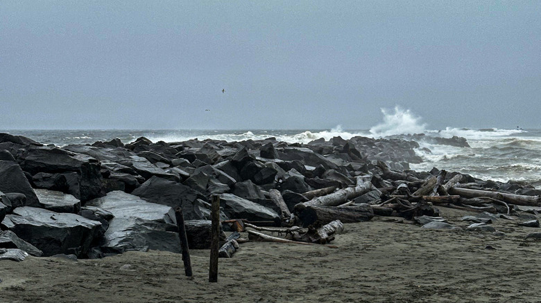North Jetty Ocean Shores with crashing waves against gray rocks