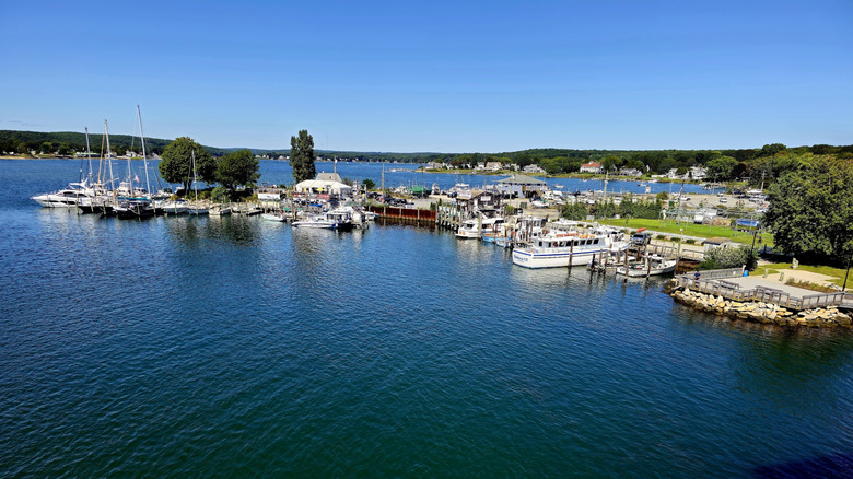 Waterfront restaurants along the docks of the Niantic River in Waterford, Connecticut