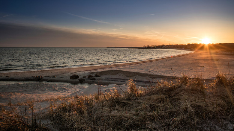 The beautiful beach at Harkness Memorial State Park during sunset in Waterford, Connecticut